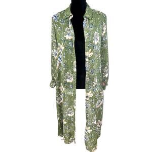 C Wonder Long Green Size 8P Sheer Floral Print Button Front Dress Duster
